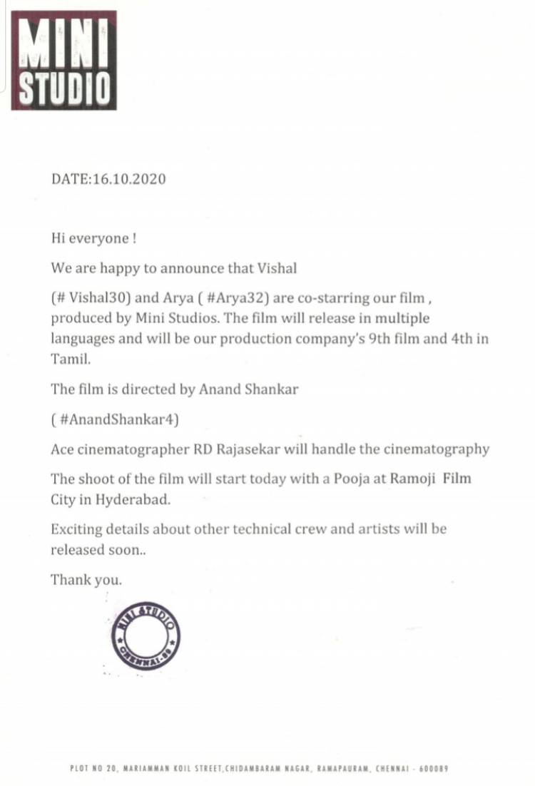 @VishalKOfficial @arya_offl *er @anandshank directorial venture produced by  @vinod_offl  @MiniStudio