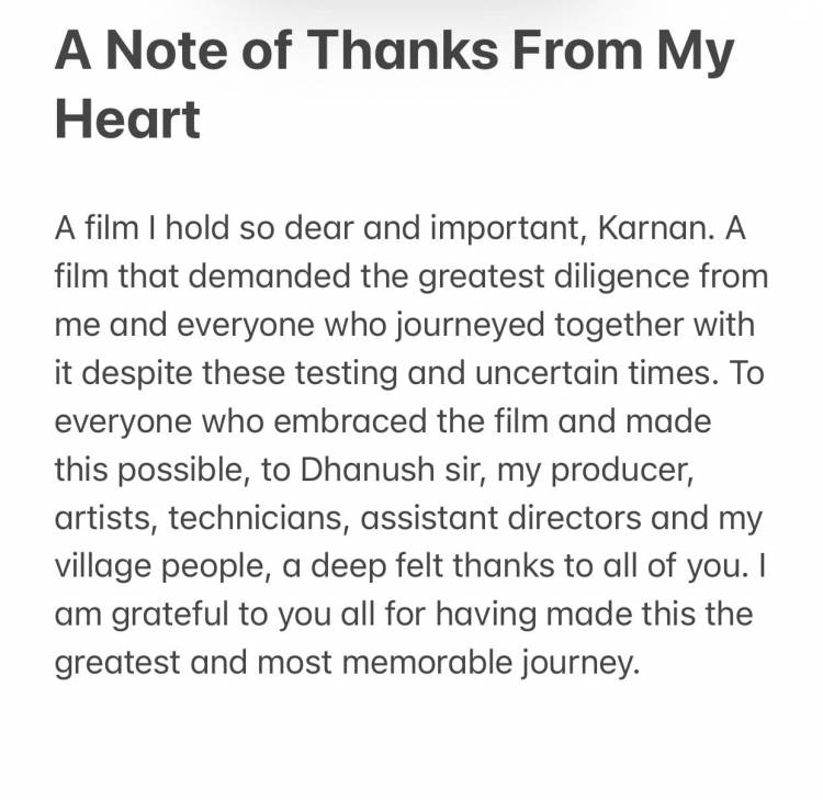 #Karnan Dir @mari_selvaraj 's Thanks Note! @KarnanTheMovie