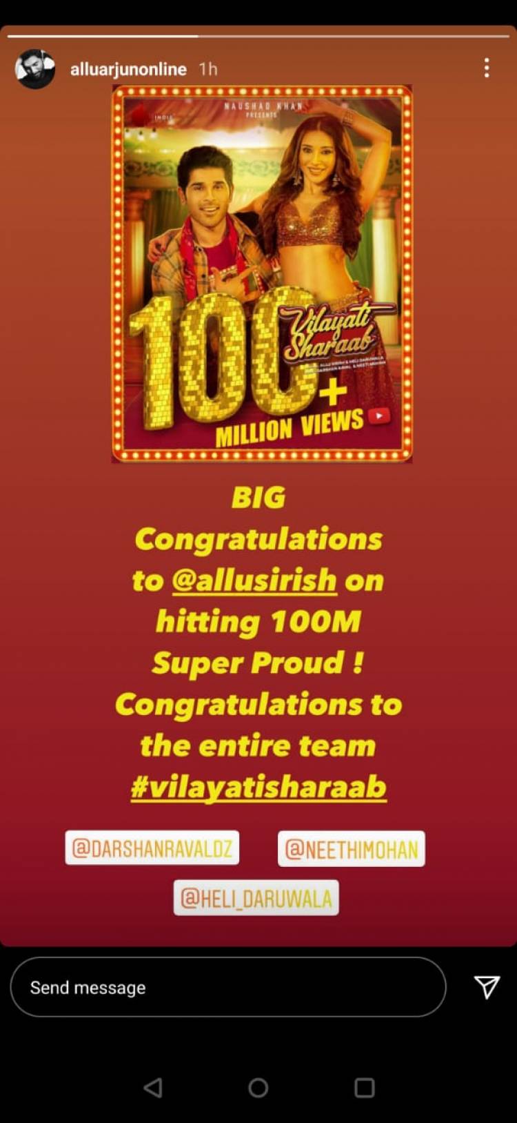 #IconStaar @alluarjun congratulates his brother @AlluSirish as his first Hindi music video #VilayatiSharaab hit 100 million views on YouTube.