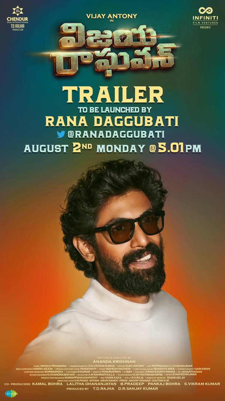 @vijayantony's #VijayaRaghavan trailer to be launched by @RanaDaggubati  on Monday @ 5:01 PM.  