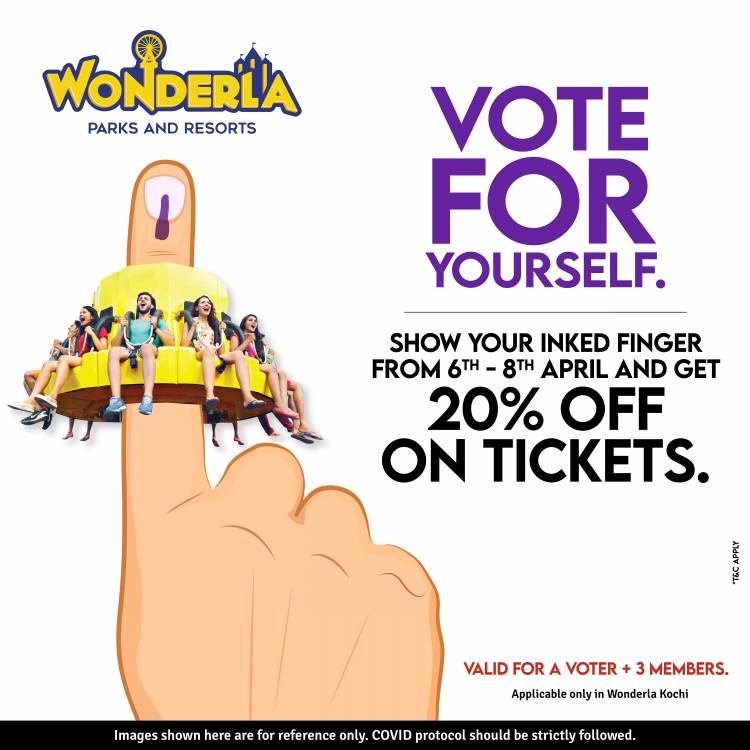 Show your inked finger and get 20% off on Wonderla Kochi tickets  from 6th to 8th April