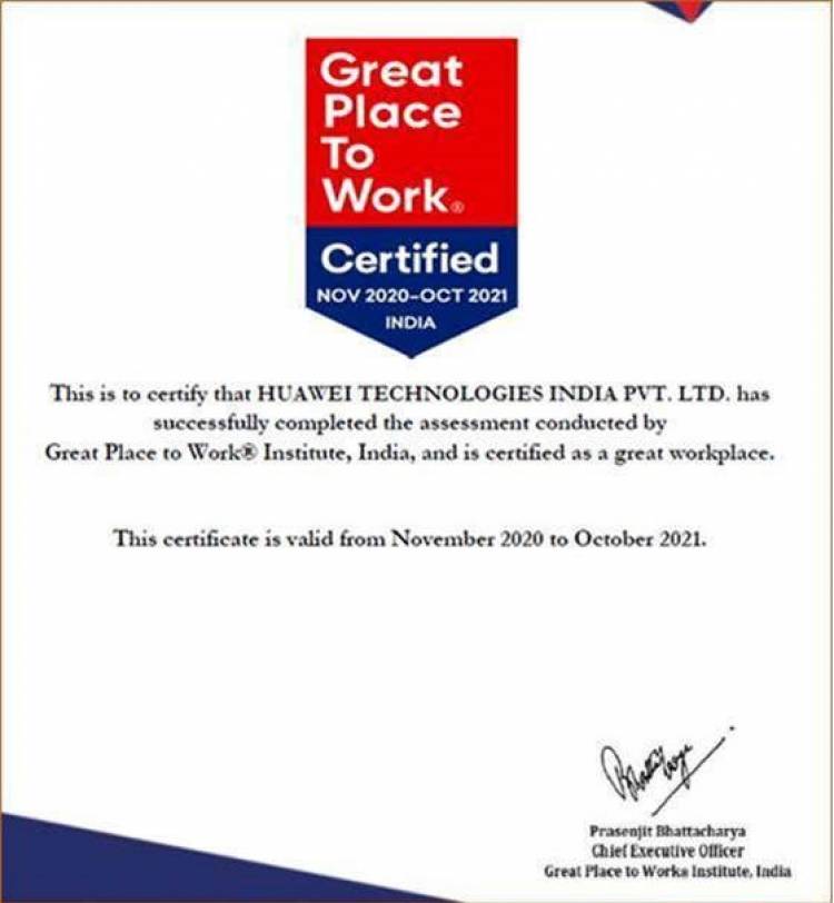 Huawei Technologies India Accredited as Great Place to Work-CertifiedTM