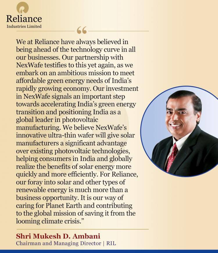 Reliance New Energy Solar Ltd to invest in NexWafe as Strategic Lead Investor