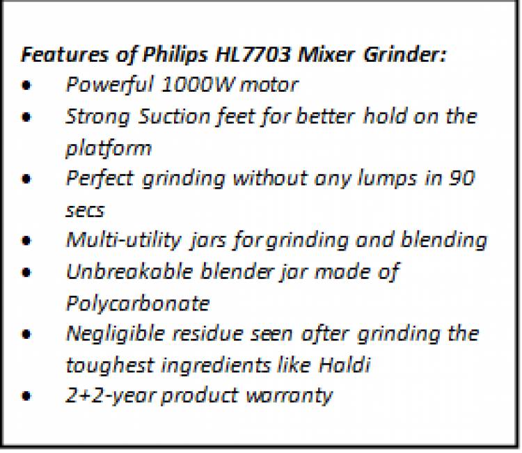 Philips Domestic Appliances makes Grinding and Blending easier with its new HL7703 superior performance mixer grinder