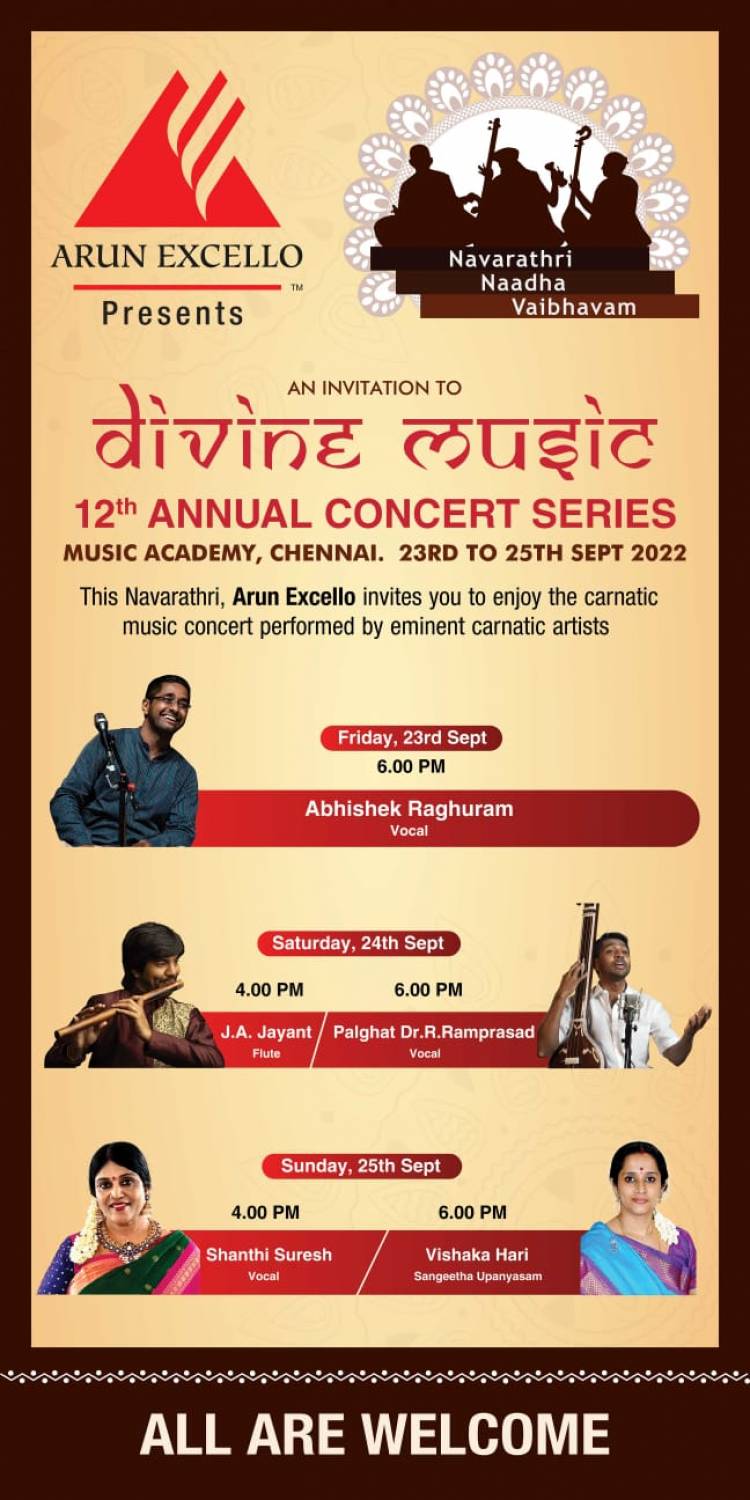 The 12thedition of “Navarathri Nadha Vaibhavam” is scheduled to be held at Music Academy from 23rd to 25th Sept 2022