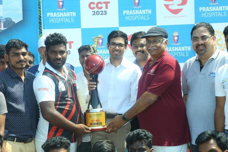 Prashanth Hospitals donates fund to Rotary Club for promoting good health for the people of Ponneri at Corporate Cricket Tournament Final (CCT 2023) Finals