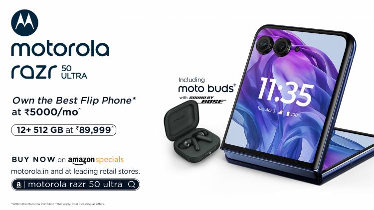 motorola razr 50 ultra featuring the largest and most intelligent external display and the only flip phone with Google’s Gemini AI on the external display, goes on sale at an incredibly effective price of just Rs. 89,999* or Rs5000/mo