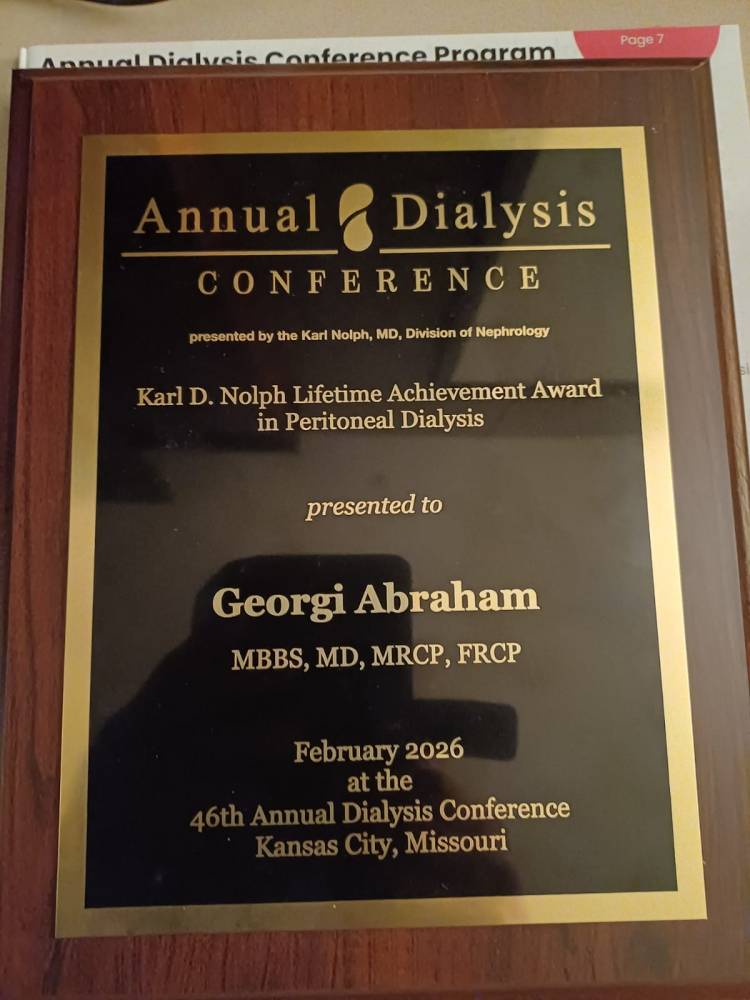 TANKER Foundation's Founder Trustee Dr. Georgi Abraham Receives Karl D. Nolph Lifetime Achievement Award on 27th February 2026 at the 46th Annual Dialysis Conference Kansan City, Missouri. We would be grateful for your good coverage. Grateful Thanks. Latha Kumaraswami.
