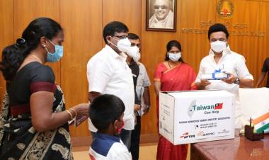 Sekar. J. Manoharan, Chairman of Aeropro in the presence of MP Kanimozhi, handedover Rs. 50 lakhs worth 13 lakh face shields to Chief Minister M. K. Stalin