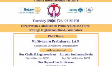 Inauguration of a New Dialysis Unit on Tuesday 20th January 2026 at 4.30.pm at the The Coimbatore Corporation Rotary Coimbatore Ikons Trust TANKER Dialysis Centre , Coimbatore. We would be grateful for your good coverage. Grateful Thanks. Latha Kumaraswami.