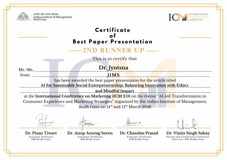  Dr. Jyotsna Oswal Secures 2nd Runner-Up Position for Best Paper at International Conference on Marketing (ICM 2.0)